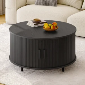 31.5" Modern Round Coffee Table With 360° Curved Sliding Door